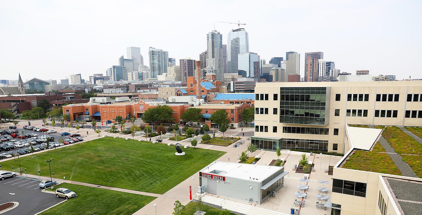 Aerial view of Auraria Campus and Downtown Denver.