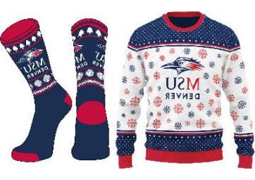 MSU Denver holiday-themed sweater and socks with red and blue snowflakes